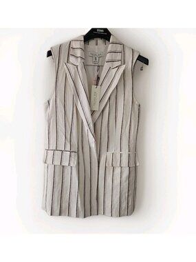 Rachael Zoe Womens Off White Linen Open Front Stripe Vest Jacket Size 8 NWT